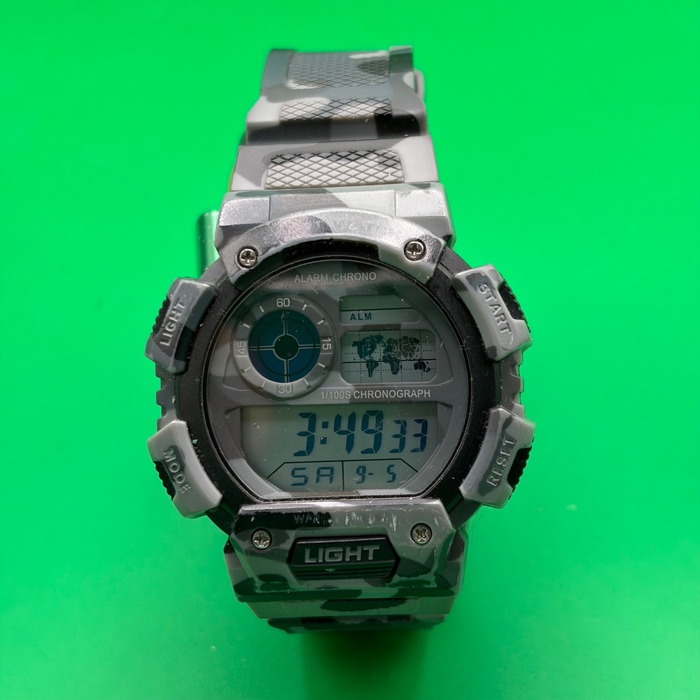 Mens Gray/Black Camo Digital Sports Watch 50M Rubberized Resin Band Chronograph